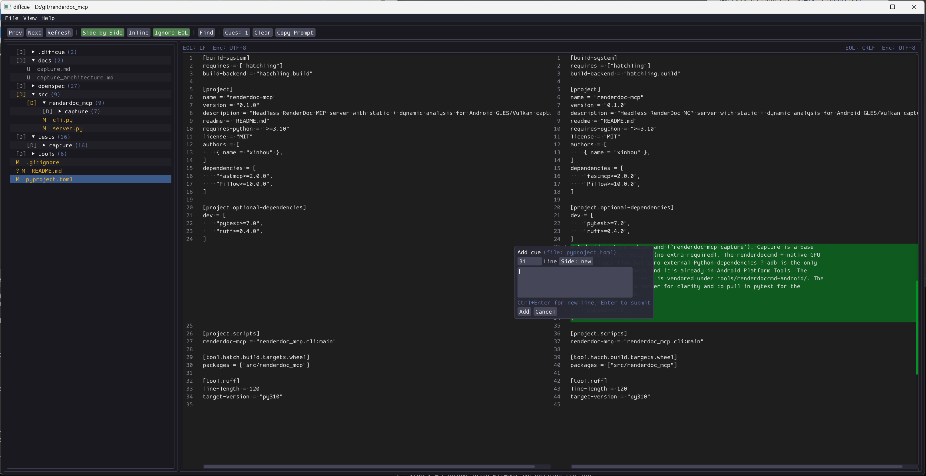 diffcue — side-by-side diff with an "Add cue" dialog attached to a line.