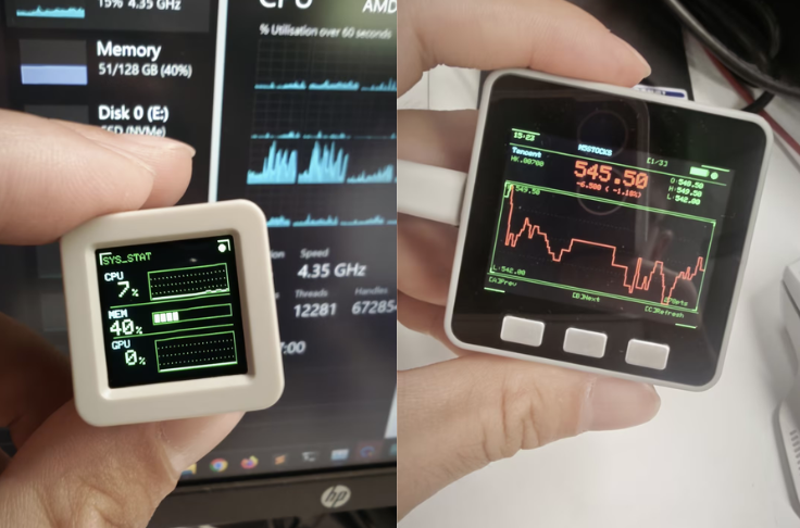 Two AtomS3R units in hand — a PC hardware monitor (left) and the m5stocks ticker (right).